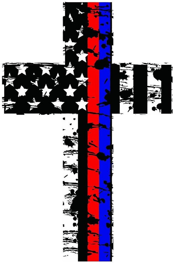 Thin Red and Blue Line Cross -  Police and Fire Vinyl Decal REFLECTIVE