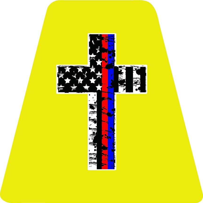 Thin Red/Blue Line Cross - YELLOW TETS TETRAHEDRONS HELMET STICKER FIRE REFLECT.