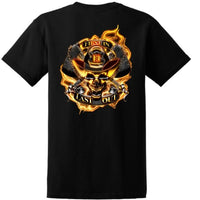 FIRST IN LAST OUT Fire Fighter Skelton w Flames T Shirt Front and Back