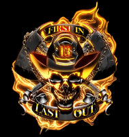 
              FIRST IN LAST OUT Fire Fighter Skelton w Flames T Shirt Front and Back
            