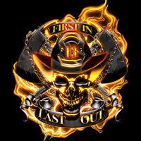 FIRST IN LAST OUT Fire Fighter Skelton w Flames T Shirt Front and Back