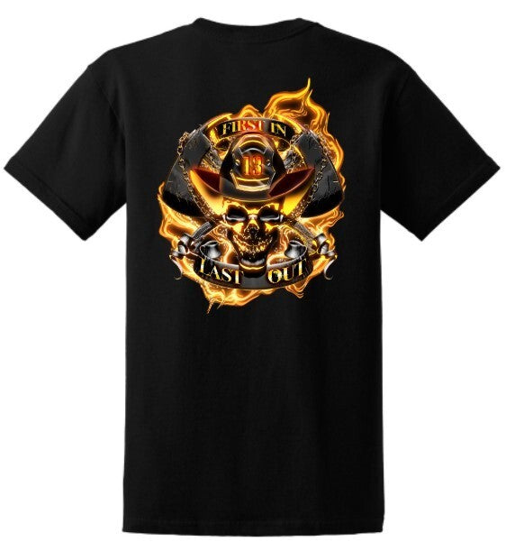 FIRST IN LAST OUT Fire Fighter Skelton w Flames T Shirt Front and Back