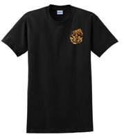 
              FIRST IN LAST OUT Fire Fighter Skelton w Flames T Shirt Front and Back
            