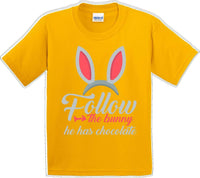 
              Follow the Bunny he has Chocolate - Distressed Design-Kids/Youth Easter T-shirt
            