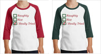 
              Naughty, Nice, I Really Tried  Christmas t shirt 3/4 Sleeve Shirt Youth
            