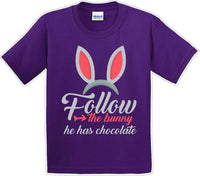 
              Follow the Bunny he has Chocolate - Distressed Design-Kids/Youth Easter T-shirt
            