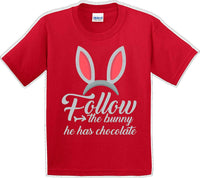 
              Follow the Bunny he has Chocolate - Distressed Design-Kids/Youth Easter T-shirt
            